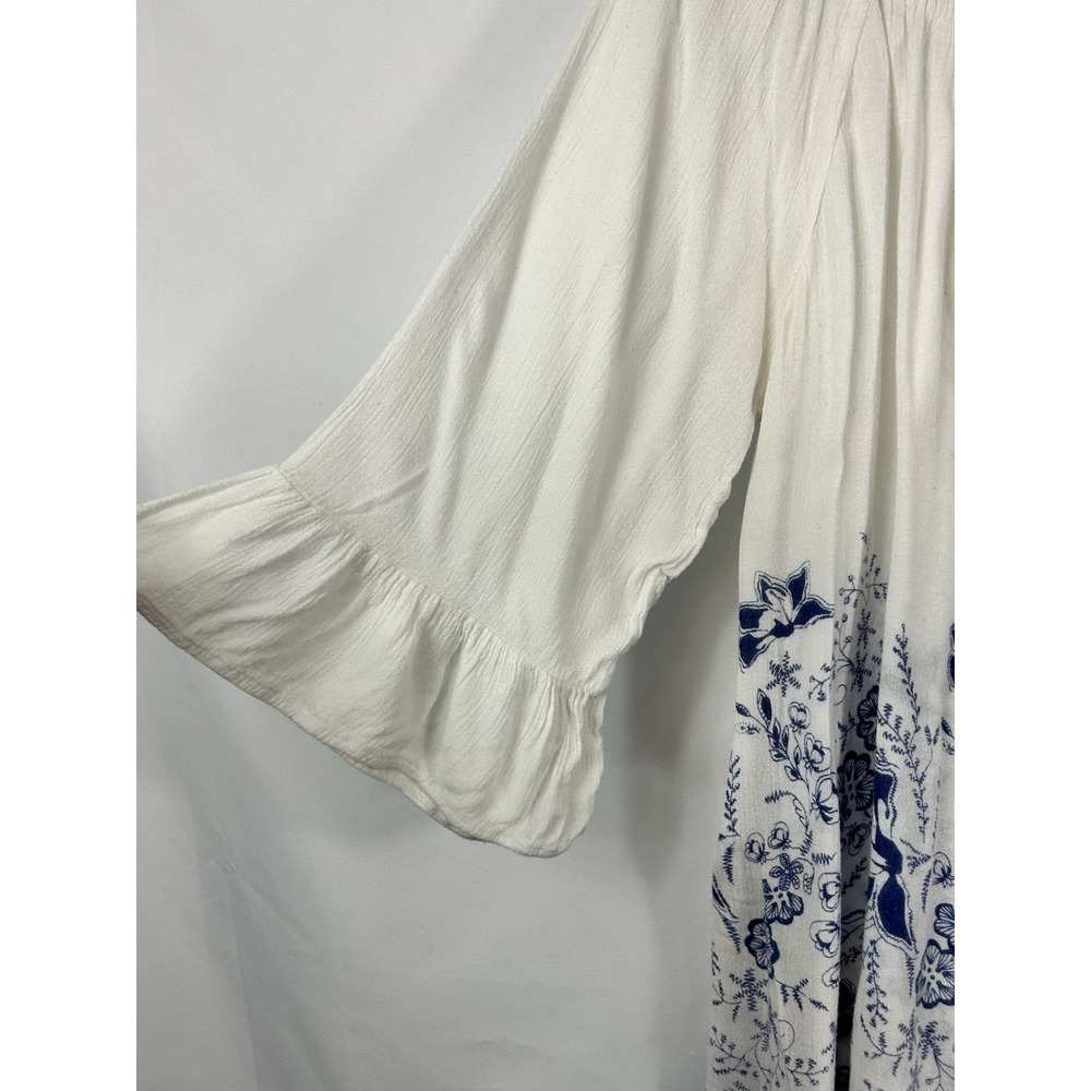 Blancheporte Blue White Floral Boho Peasant Top L Bell Sleeve Cottagecore Light - Picture 2 of 7
